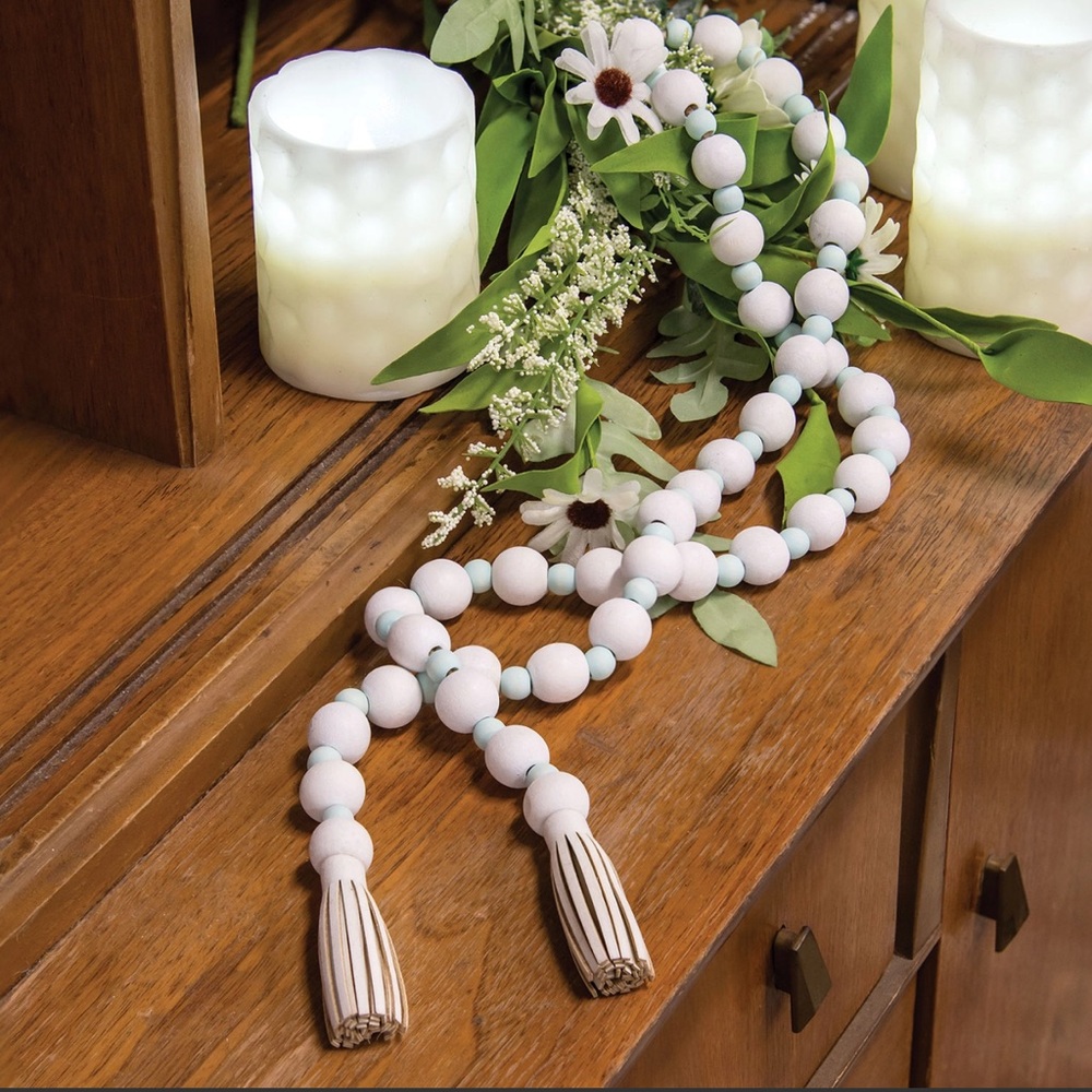 Light Blue & White Wood Bead Garland w/ Tassels | Coastal Farmhouse Home Decor